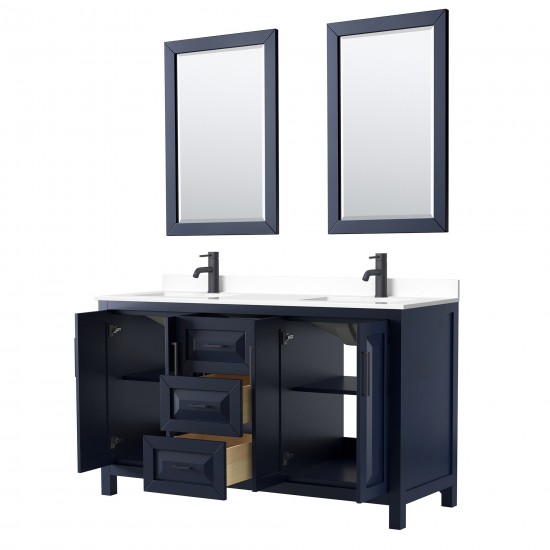 Daria 60" Double Vanity in Dark Blue, White Marble Top, Black Trim, 24" Mirrors