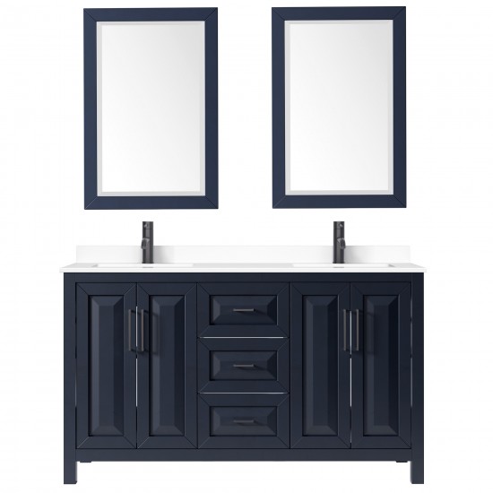 Daria 60" Double Vanity in Dark Blue, White Marble Top, Black Trim, 24" Mirrors