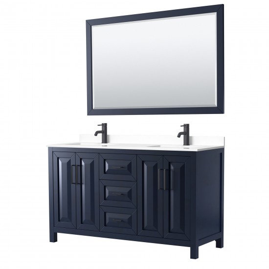 Daria 60" Double Vanity in Dark Blue, White Marble Top, Black Trim, 58" Mirror