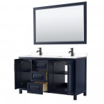 Daria 60" Double Vanity in Dark Blue, White Marble Top, Black Trim, 58" Mirror