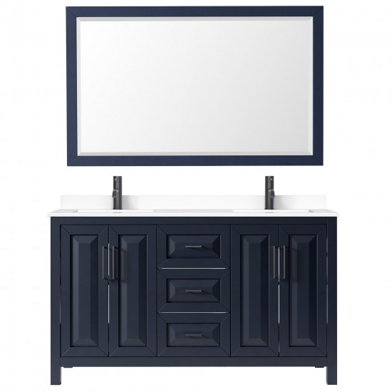 Daria 60" Double Vanity in Dark Blue, White Marble Top, Black Trim, 58" Mirror