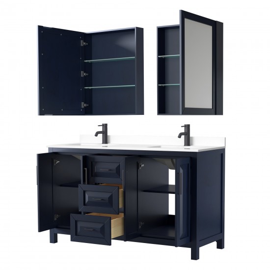 Daria 60" Blue Double Vanity, White Marble Top, Black Trim, Medicine Cabinets