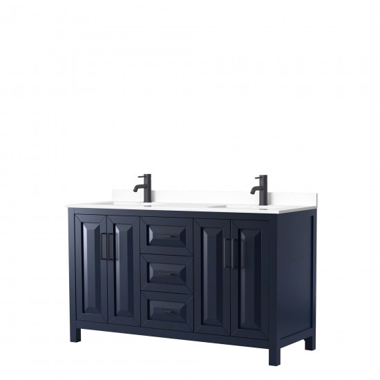 Daria 60" Double Vanity in Dark Blue, White Cultured Marble Top, Black Trim