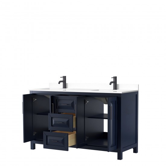 Daria 60" Double Vanity in Dark Blue, White Cultured Marble Top, Black Trim