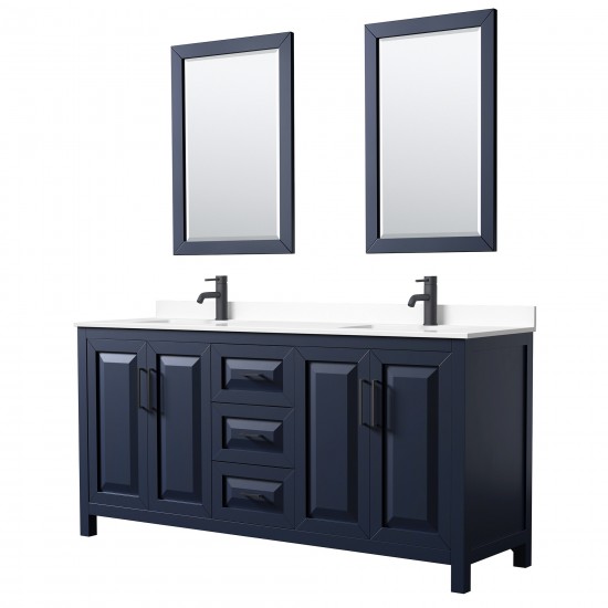 Daria 72" Double Vanity in Dark Blue, White Marble Top, Black Trim, 24" Mirrors