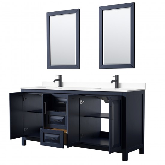 Daria 72" Double Vanity in Dark Blue, White Marble Top, Black Trim, 24" Mirrors