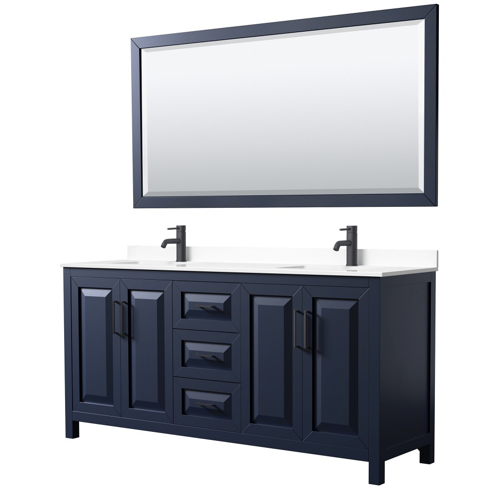 Daria 72" Double Vanity in Dark Blue, White Marble Top, Black Trim, 70" Mirror