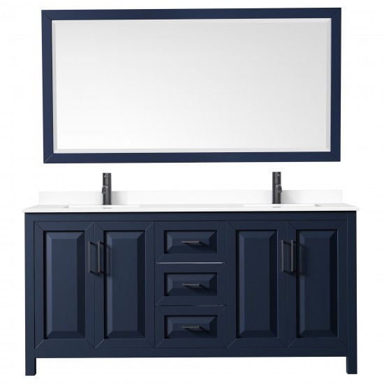 Daria 72" Double Vanity in Dark Blue, White Marble Top, Black Trim, 70" Mirror