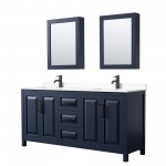 Daria 72" Blue Double Vanity, White Marble Top, Black Trim, Medicine Cabinets