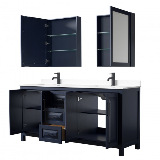 Daria 72" Blue Double Vanity, White Marble Top, Black Trim, Medicine Cabinets