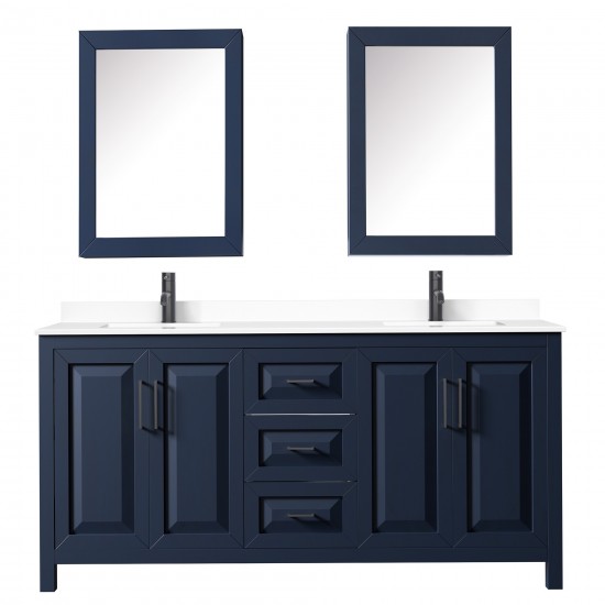 Daria 72" Blue Double Vanity, White Marble Top, Black Trim, Medicine Cabinets