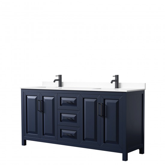 Daria 72" Double Vanity in Dark Blue, White Cultured Marble Top, Black Trim