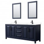 Daria 80" Double Vanity in Dark Blue, White Marble Top, Black Trim, 24" Mirrors