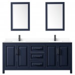 Daria 80" Double Vanity in Dark Blue, White Marble Top, Black Trim, 24" Mirrors