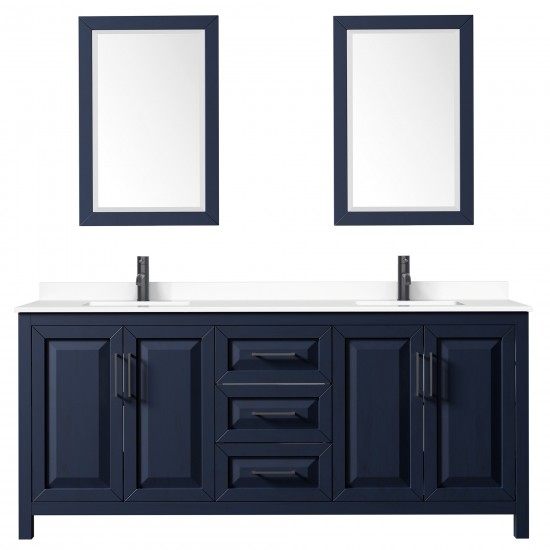 Daria 80" Double Vanity in Dark Blue, White Marble Top, Black Trim, 24" Mirrors