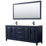 Daria 80" Double Vanity in Dark Blue, White Marble Top, Black Trim, 70" Mirror