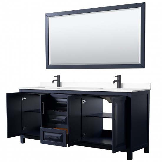 Daria 80" Double Vanity in Dark Blue, White Marble Top, Black Trim, 70" Mirror