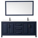 Daria 80" Double Vanity in Dark Blue, White Marble Top, Black Trim, 70" Mirror