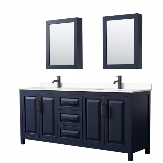 Daria 80" Blue Double Vanity, White Marble Top, Black Trim, Medicine Cabinets