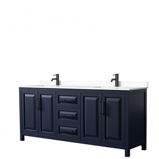 Daria 80" Double Vanity in Dark Blue, White Cultured Marble Top, Black Trim