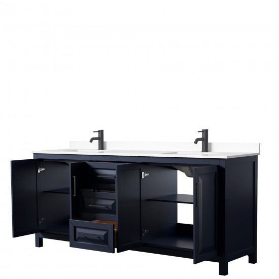 Daria 80" Double Vanity in Dark Blue, White Cultured Marble Top, Black Trim