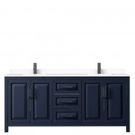 Daria 80" Double Vanity in Dark Blue, White Cultured Marble Top, Black Trim