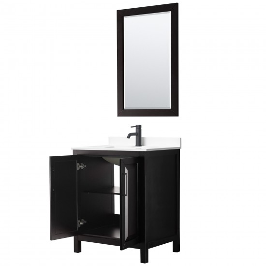 Daria 30" Dark Espresso Single Vanity, White Marble Top, Black Trim, 24" Mirror