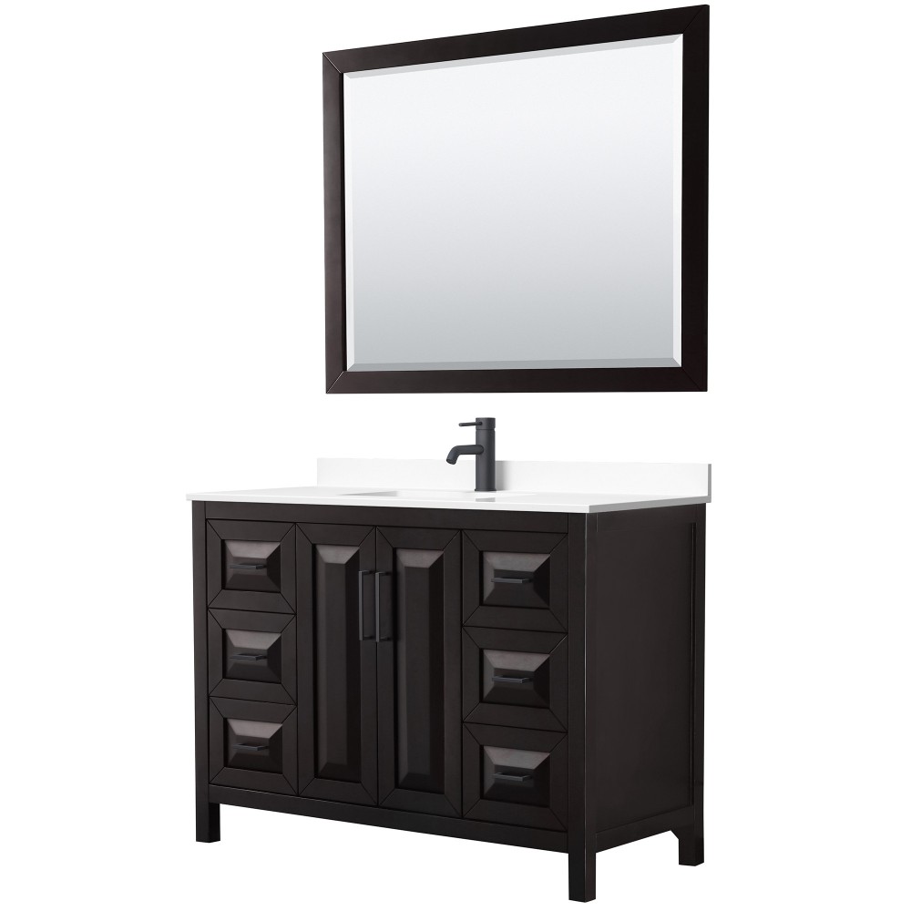 Daria 48" Dark Espresso Single Vanity, White Marble Top, Black Trim, 46" Mirror