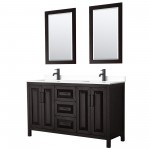 Daria 60" Dark Espresso Double Vanity, White Marble Top, Black Trim, 24" Mirrors