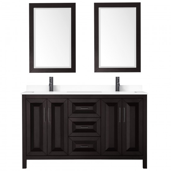 Daria 60" Dark Espresso Double Vanity, White Marble Top, Black Trim, 24" Mirrors