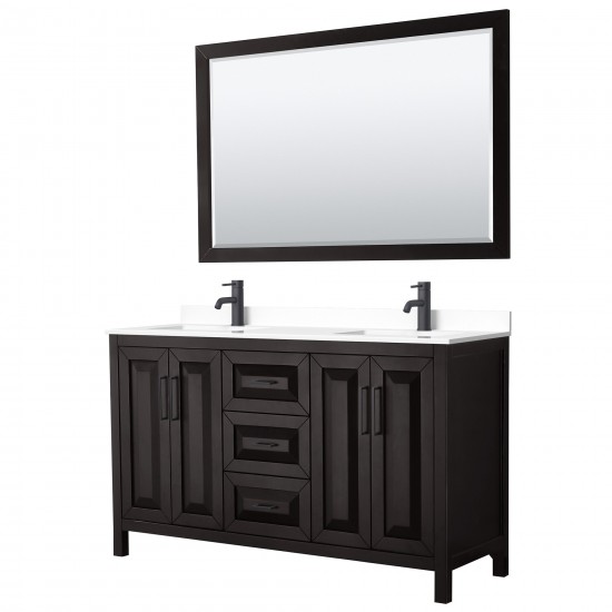 Daria 60" Dark Espresso Double Vanity, White Marble Top, Black Trim, 58" Mirror