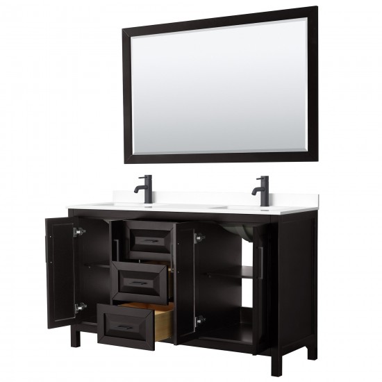 Daria 60" Dark Espresso Double Vanity, White Marble Top, Black Trim, 58" Mirror