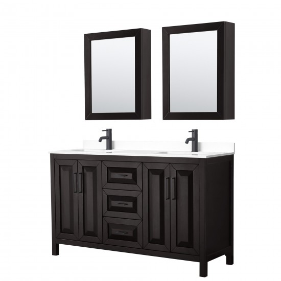 Daria 60" Espresso Double Vanity, White Marble Top, Trim, Medicine Cabinets