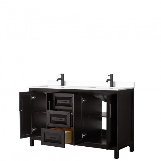 Daria 60" Double Vanity in Dark Espresso, White Cultured Marble Top, Black Trim