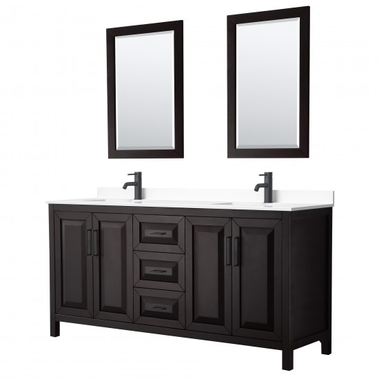 Daria 72" Dark Espresso Double Vanity, White Marble Top, Black Trim, 24" Mirrors