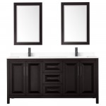 Daria 72" Dark Espresso Double Vanity, White Marble Top, Black Trim, 24" Mirrors