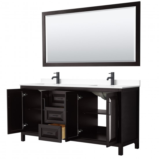 Daria 72" Dark Espresso Double Vanity, White Marble Top, Black Trim, 70" Mirror