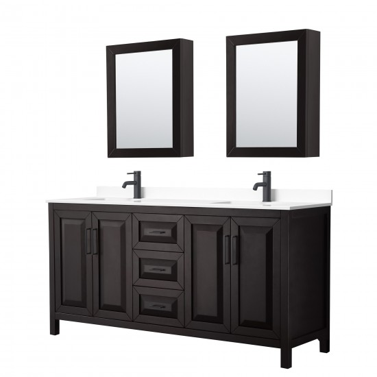 Daria 72" Espresso Double Vanity, White Marble Top, Trim, Medicine Cabinets