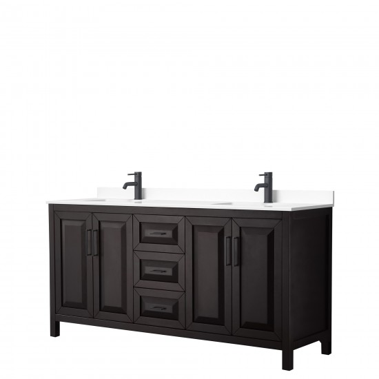 Daria 72" Double Vanity in Dark Espresso, White Cultured Marble Top, Black Trim