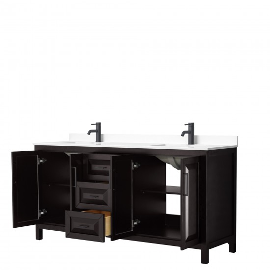 Daria 72" Double Vanity in Dark Espresso, White Cultured Marble Top, Black Trim