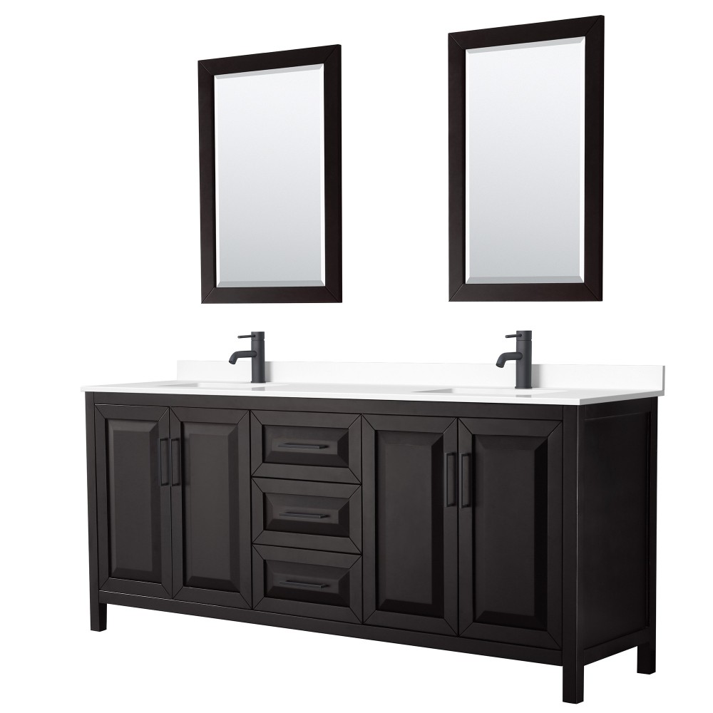 Daria 80" Dark Espresso Double Vanity, White Marble Top, Black Trim, 24" Mirrors