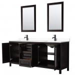 Daria 80" Dark Espresso Double Vanity, White Marble Top, Black Trim, 24" Mirrors