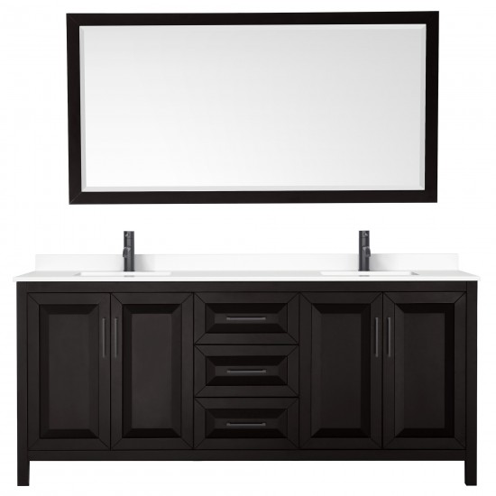 Daria 80" Dark Espresso Double Vanity, White Marble Top, Black Trim, 70" Mirror