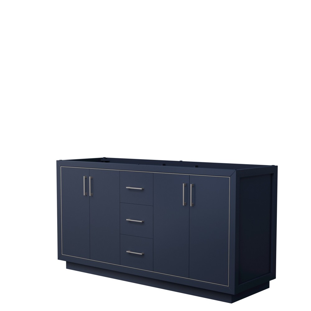 Icon 66" Double Vanity in Dark Blue, No Top, No Sink, Brushed Nickel Trim