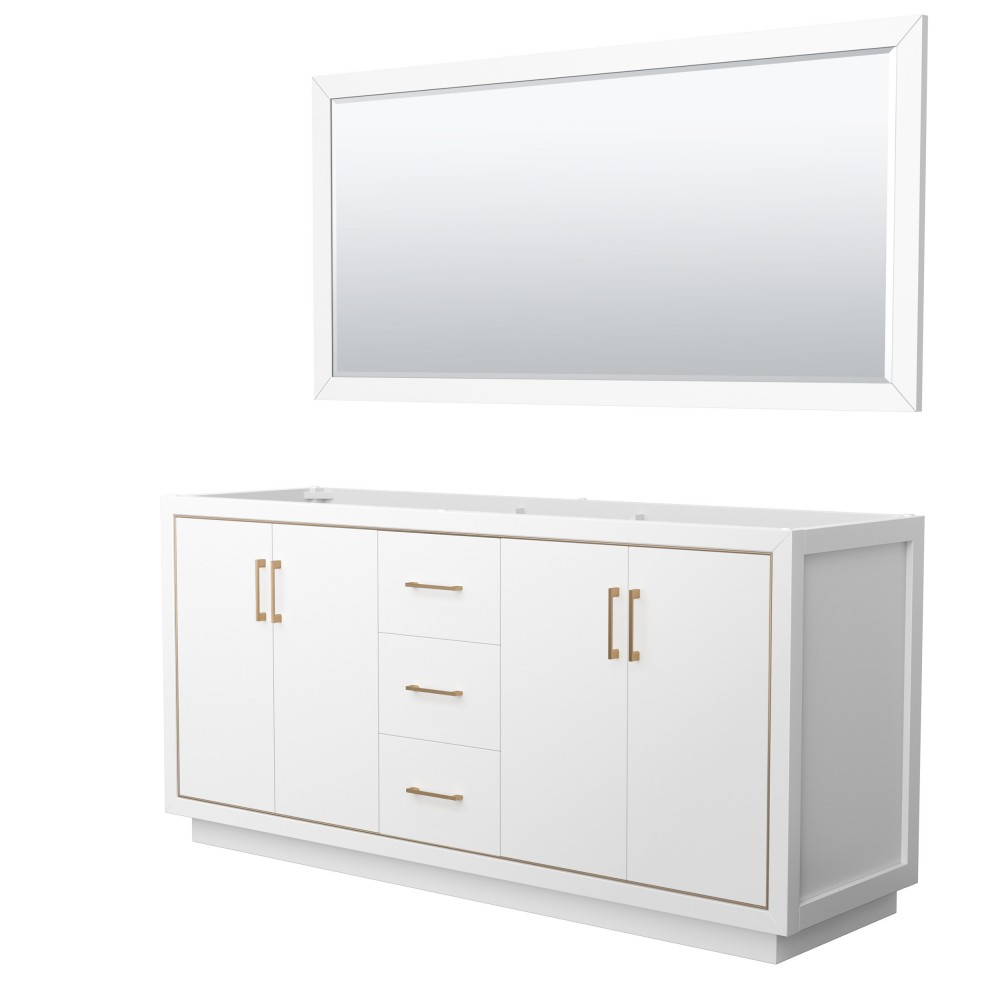 Icon 72" Double Vanity in White, No Top, No Sink, Satin Bronze Trim, 70" Mirror