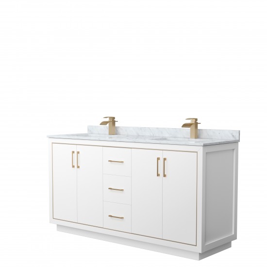 Icon 66" Double Vanity in White, Top, Square Sinks, Satin Bronze Trim