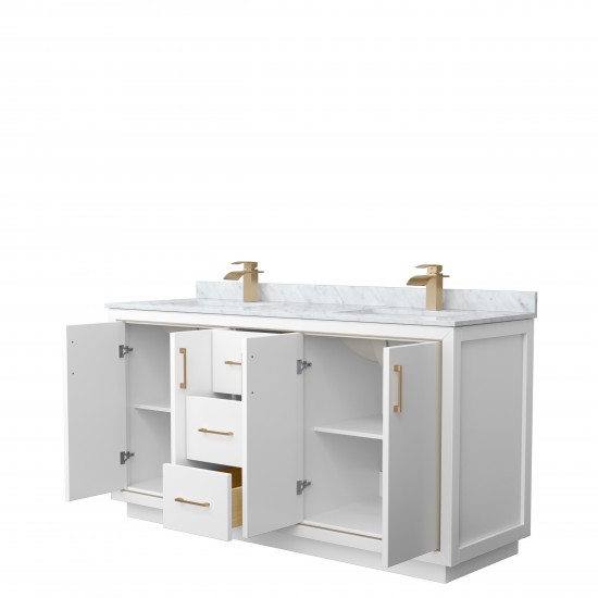 Icon 66" Double Vanity in White, Top, Square Sinks, Satin Bronze Trim