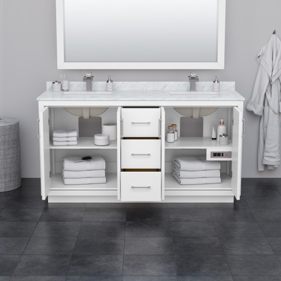 Icon 66" Double Vanity in White, Top, Square Sinks, Satin Bronze Trim