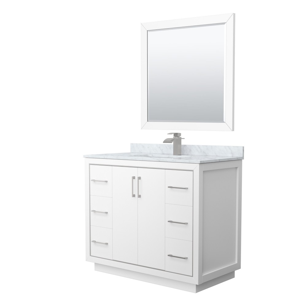 Icon 42" Single Vanity in White, Top, Square Brushed Nickel Trim, 34" Mirror