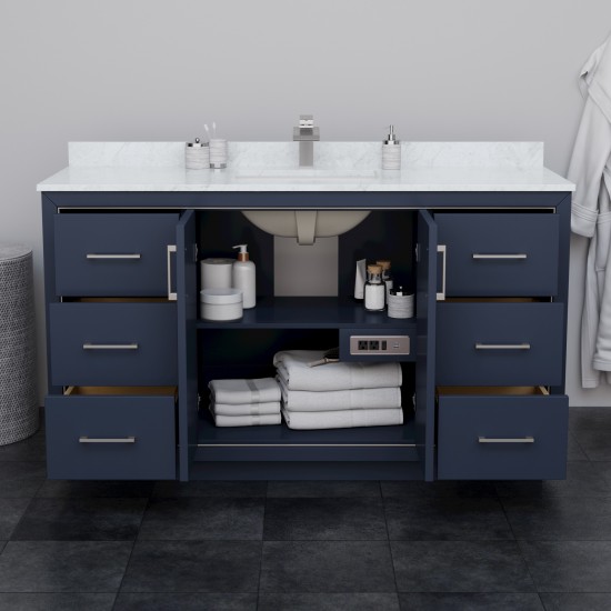 Icon 60" Single Vanity in Dark Blue, Top, Square Brushed Nickel Trim, 58" Mirror